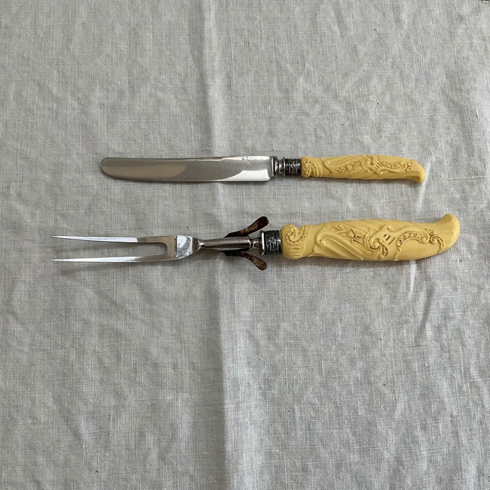 Universal‎ Vintage Carving Set Faux Bone Celluloid Floral Scroll Stainless Steel